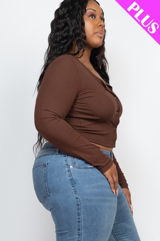 Long Sleeve Snap Button Down Crop Top -Plus Sized