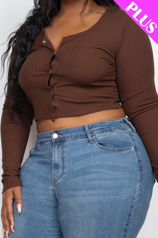 Long Sleeve Snap Button Down Crop Top -Plus Sized
