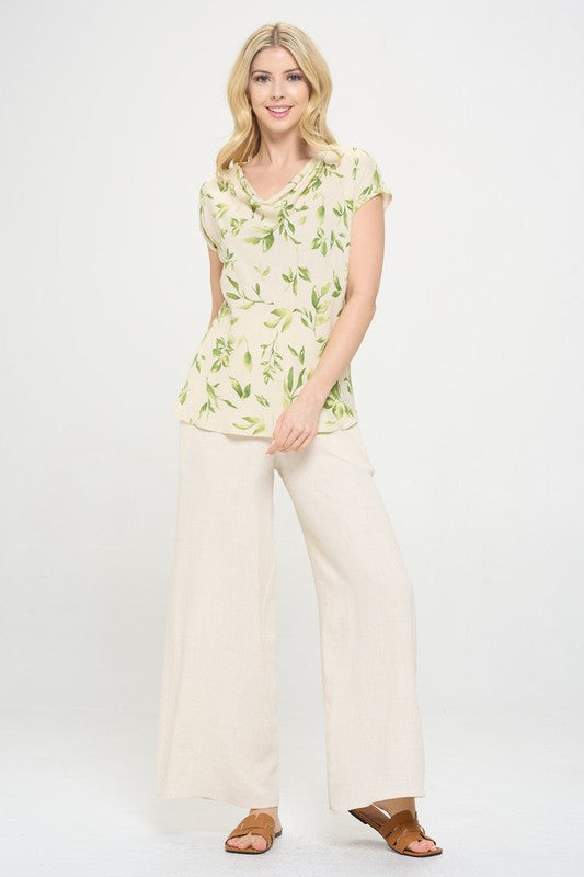 Print Linen Top with Cowl Neck - Pikemla