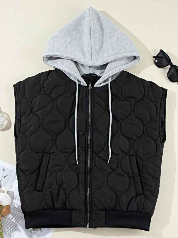 Oversized Drawstring Hooded Zip Up Puffer Vest - Pikemla