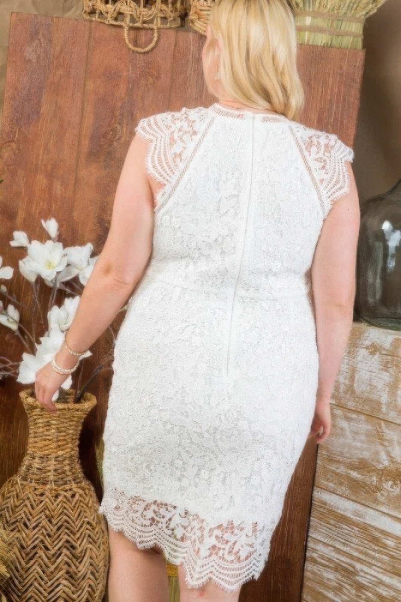 Lace Crochet Mini Raglan Dress With Zipper Back - Pikemla