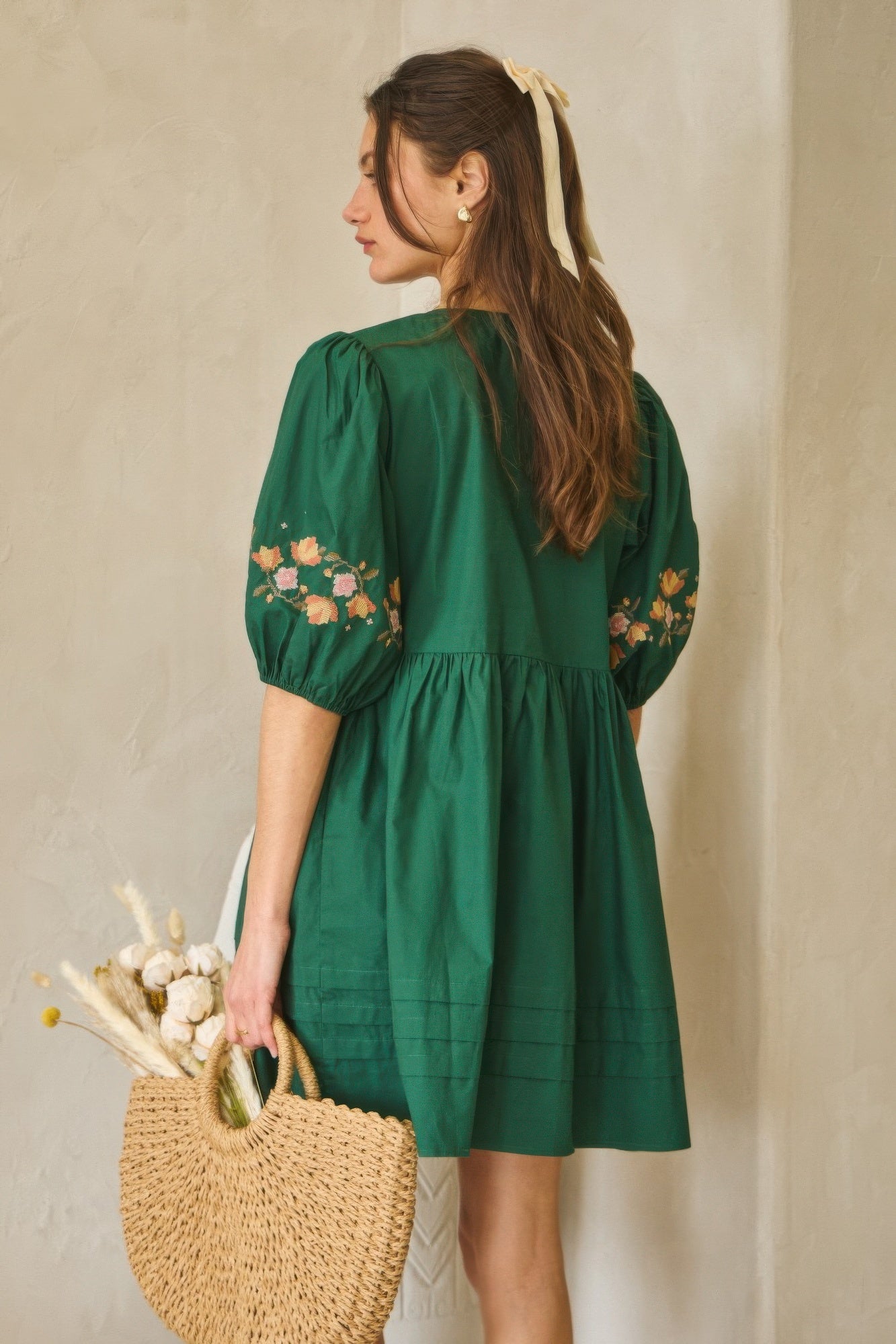 Poplin Front Ribbon Tie Baby Doll Dress - Pikemla