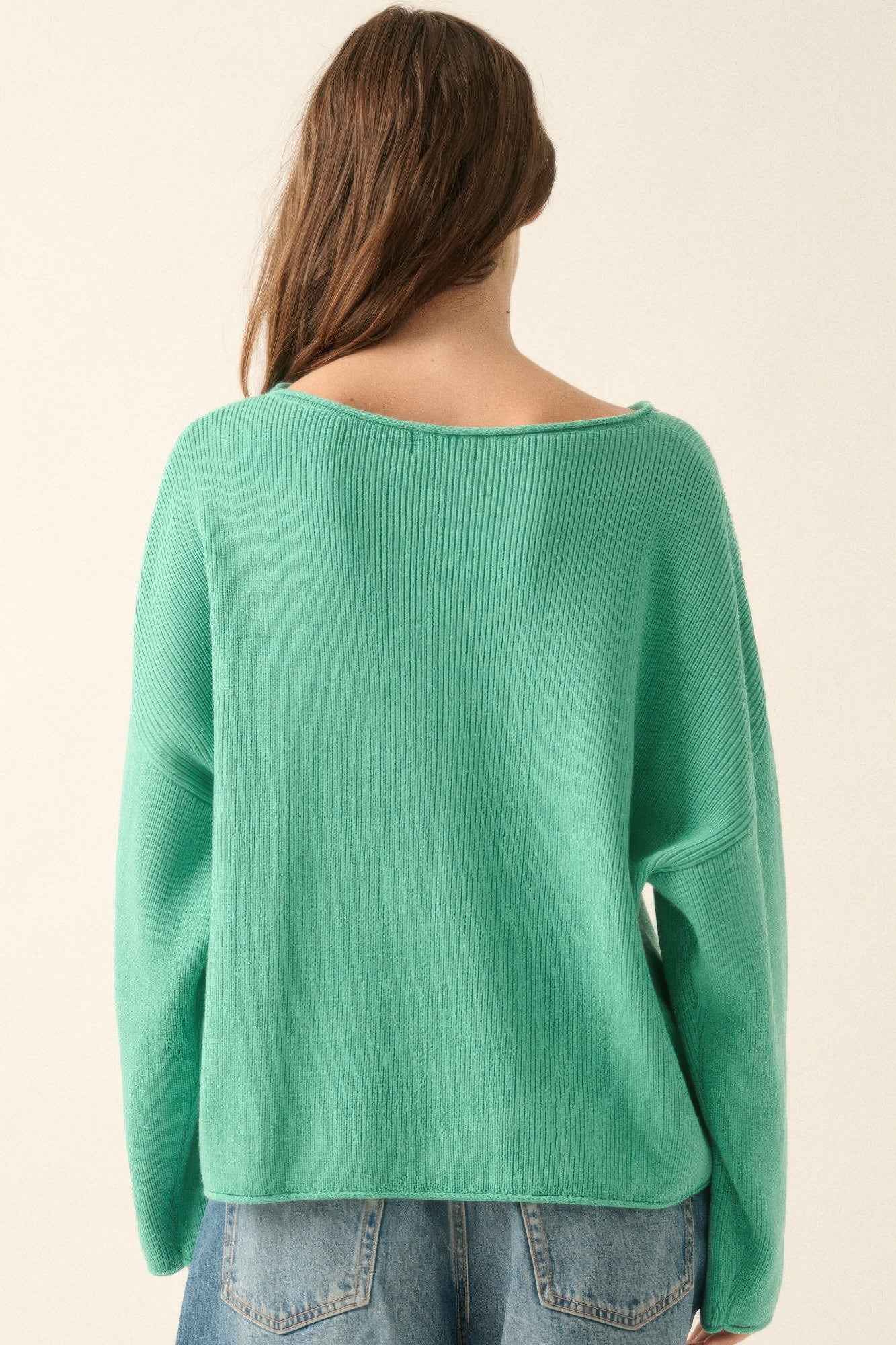 Solid Rib-knit Oversized Boatneck Sweater - Pikemla