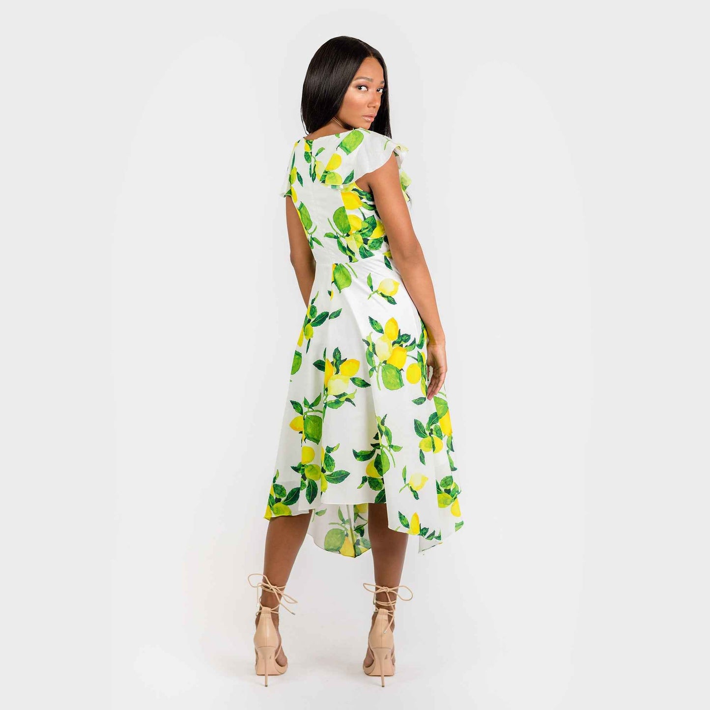 CN7177 Ruffled Nkline Sharkbite Hem Dress