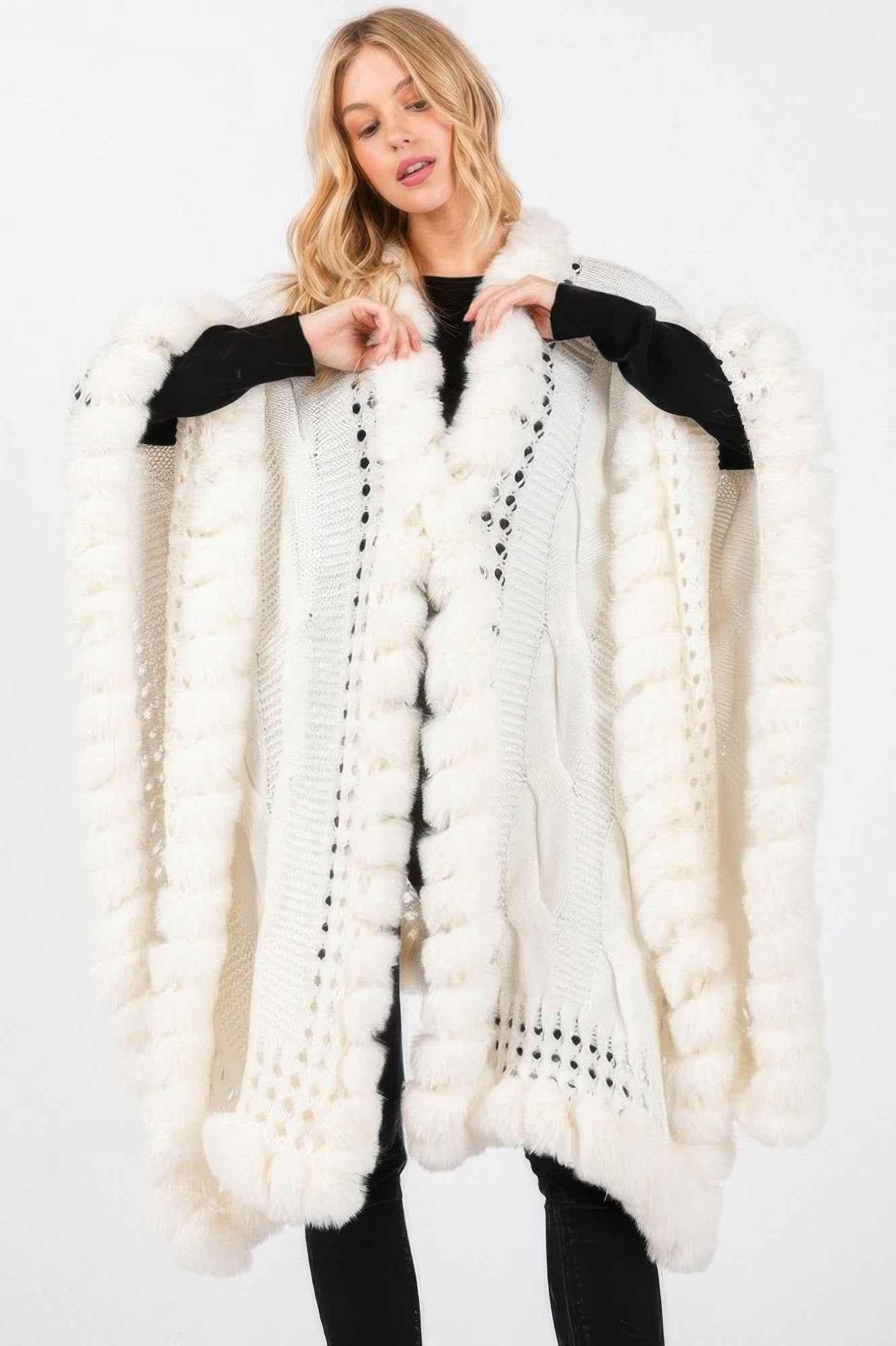 Faux Fur Collar And Trim Cape With Closure - Pikemla