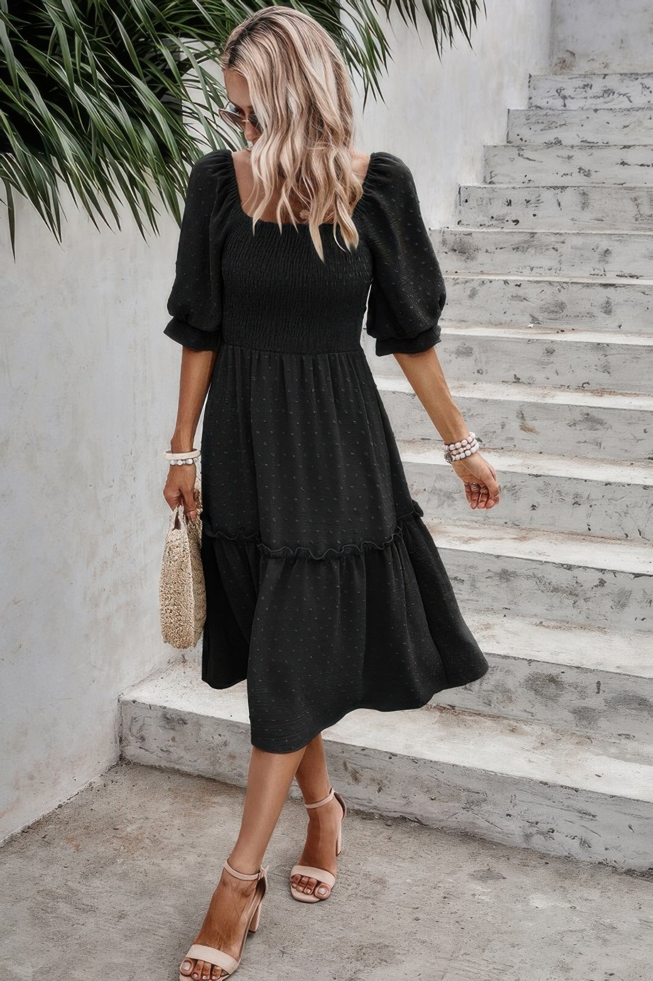 Square Neck Puff Sleeve Ruffle Hem Dress - Pikemla