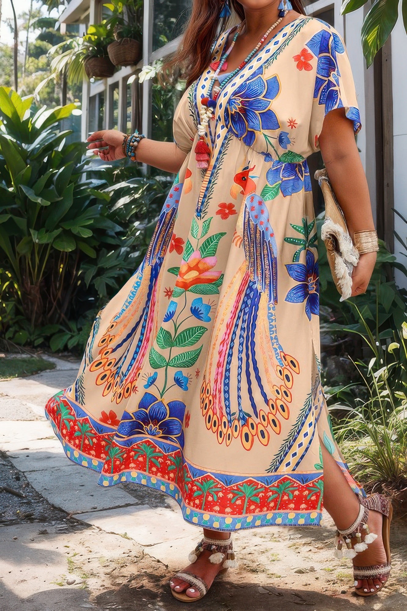 Plus Deep V Neck Allover Print High Waist Dress - Pikemla