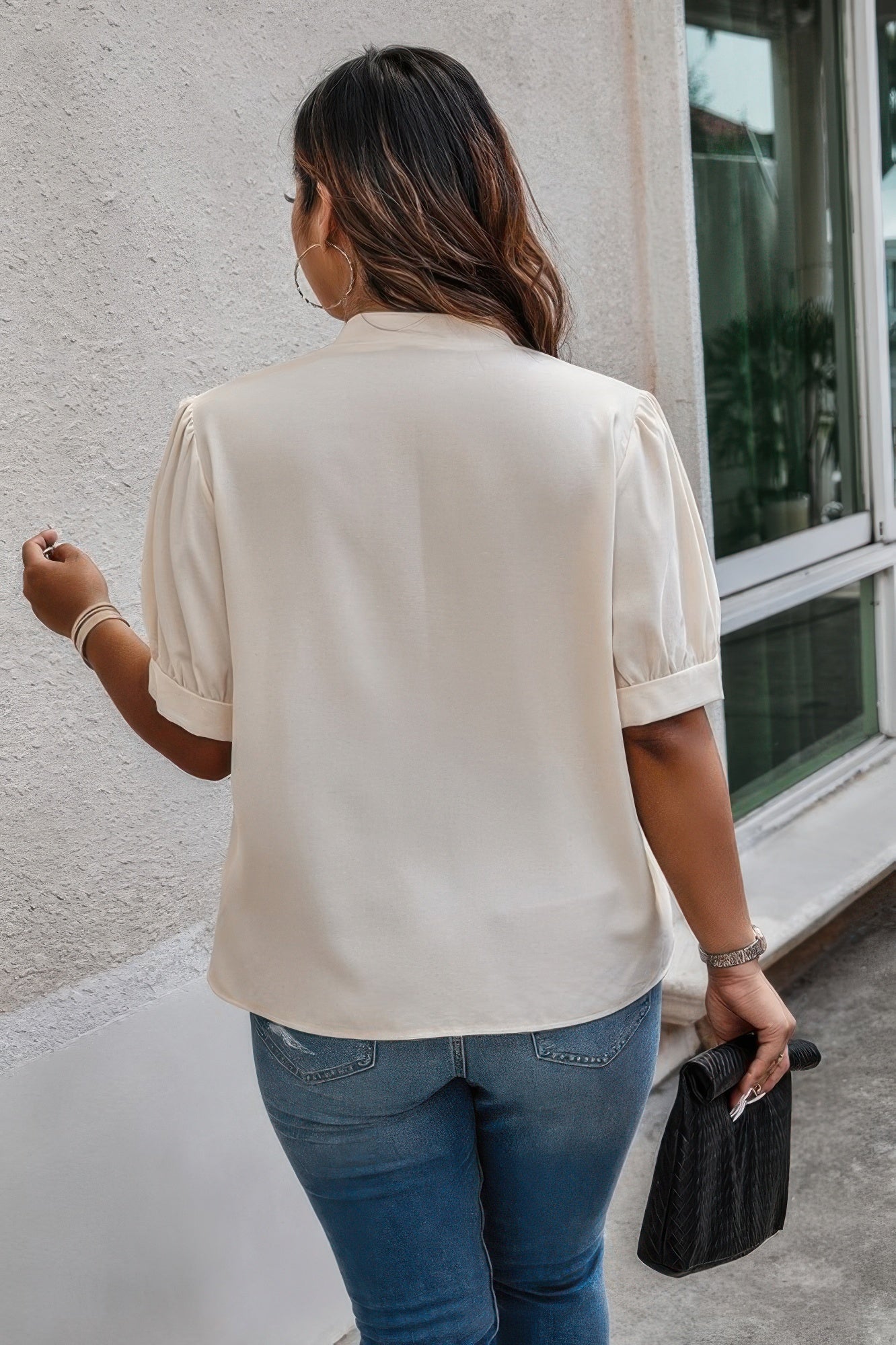 Plus Size Cross Neck Puff Sleeves Solid Button Top - Pikemla