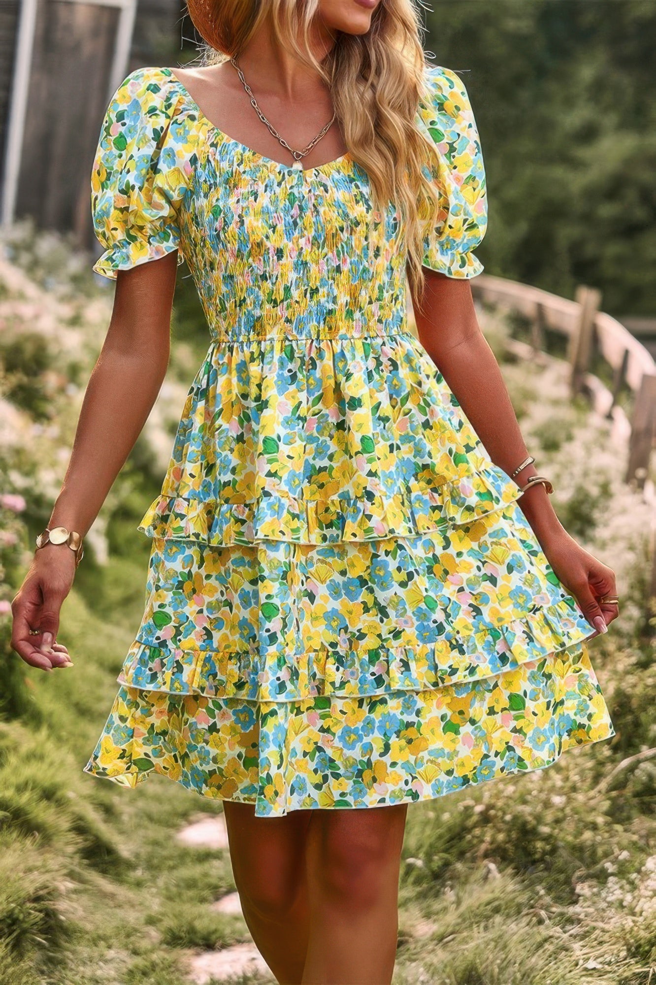 Floral Print Fit Short Sleeve A Line Dress - Pikemla