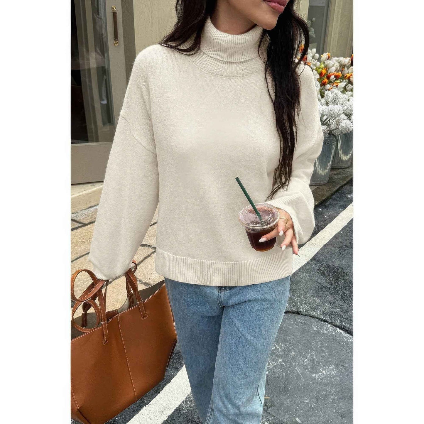Solid Knit High Neck Drop Shoulder Sweater