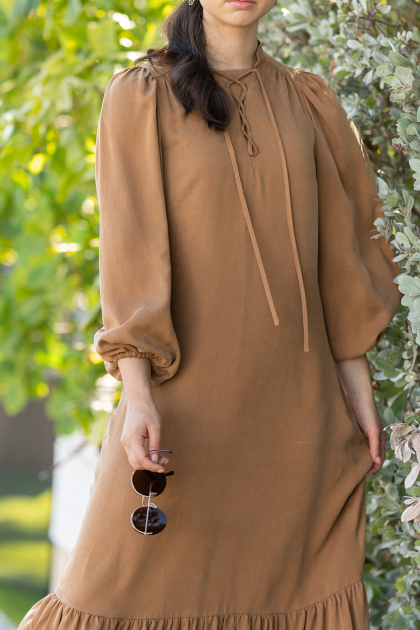 Cognac Shoelace Tie Maxi Dress