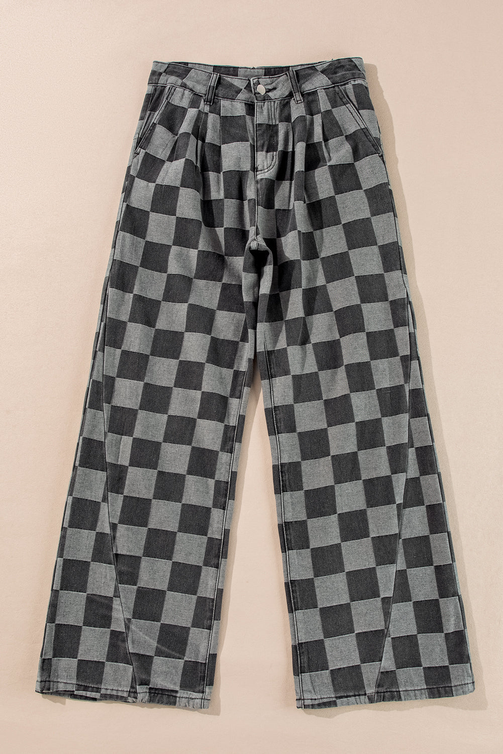 Dark Grey Checkered Denim Wide Leg Jeans - Pikemla