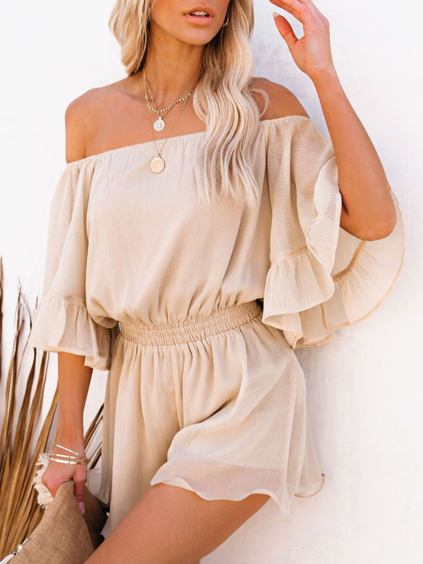 splicing short-sleeved loose-fitting solid-color chiffon jumpsuit