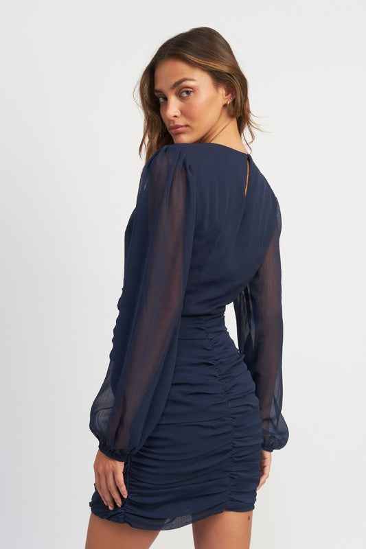 Emory Park long sleeve ruched mini dress in navy with elegant puff sleeves and a flattering fit