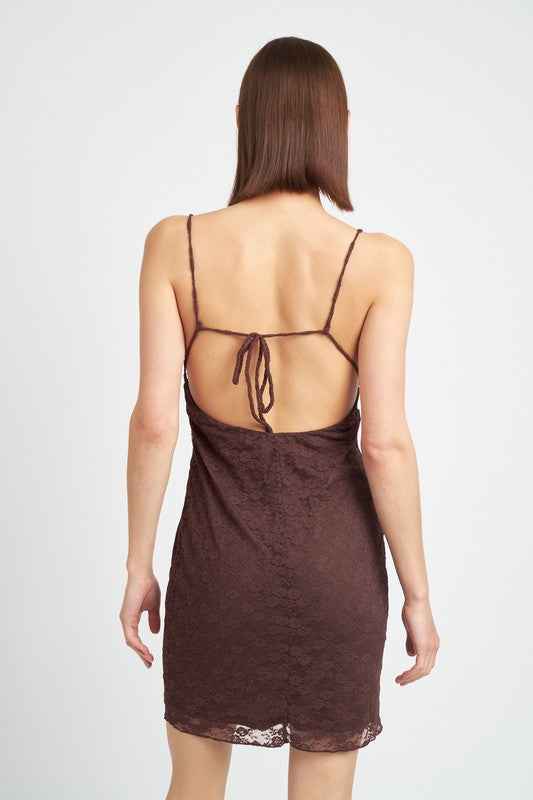 Emory Park Ruched Mini Dress for Women in brown with delicate lace detailing and adjustable straps