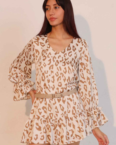 Simple Leopard Dress With Ruffle Cuff