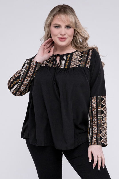 Tie Neck Patchwork Blouse - Pikemla