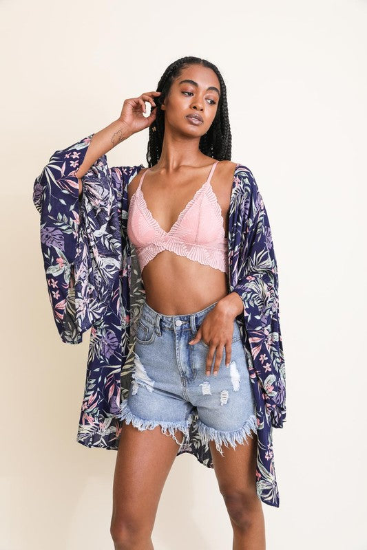 Tropical Leaves Draped Sleeve Kimono - Pikemla