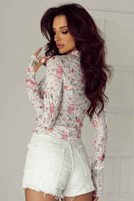 Floral Mesh Long Sleeve Mock Neck Top