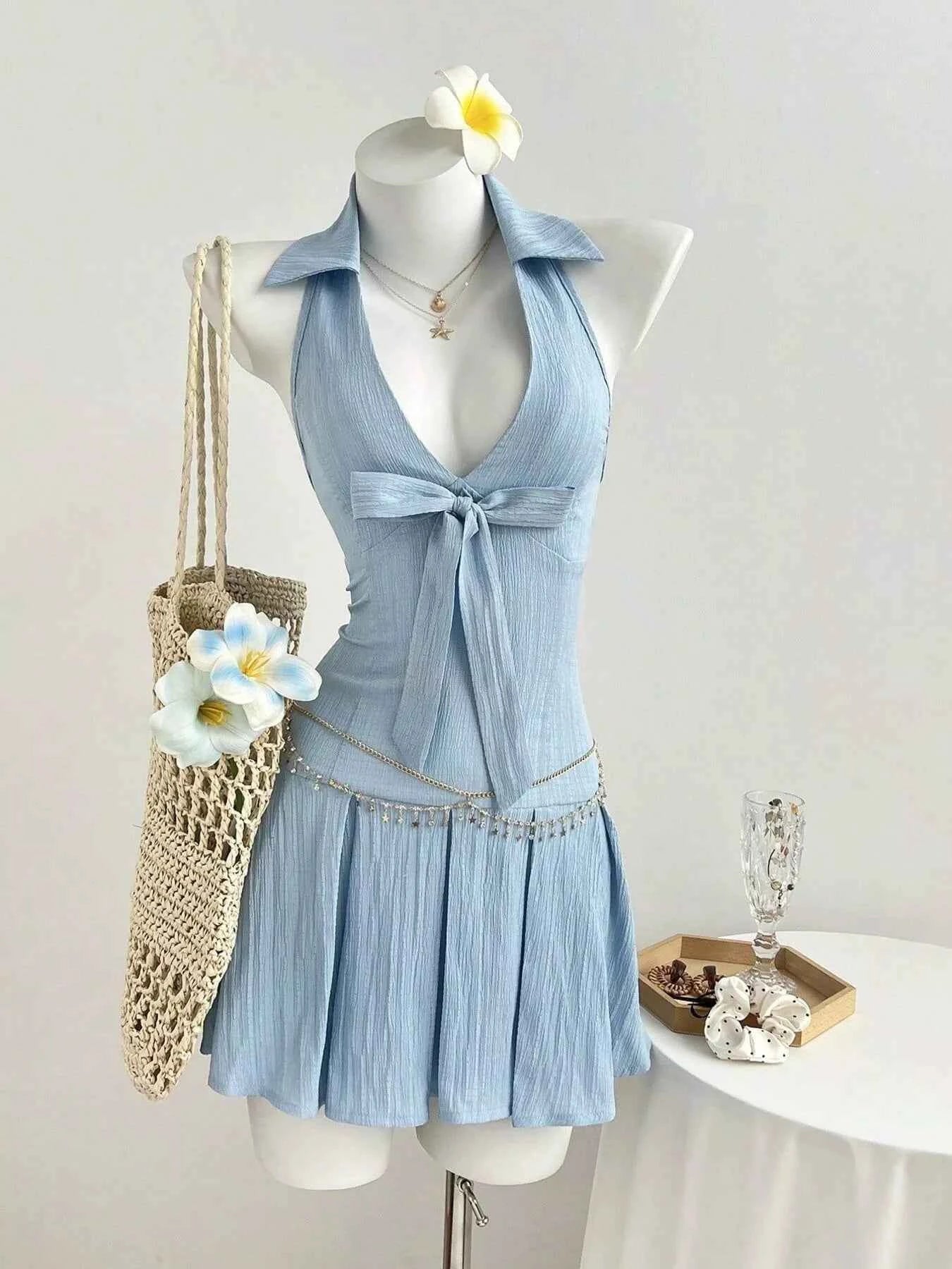 Halter Neck Bow Tie Pleated Mini Dress