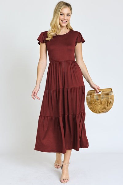 Solid Flutter Sleeve Tiered Tea Length Dress -Plus Sized - Pikemla