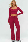 The Lushness Long Sleeve Crop Top Flared Leggings 2-Piece Set