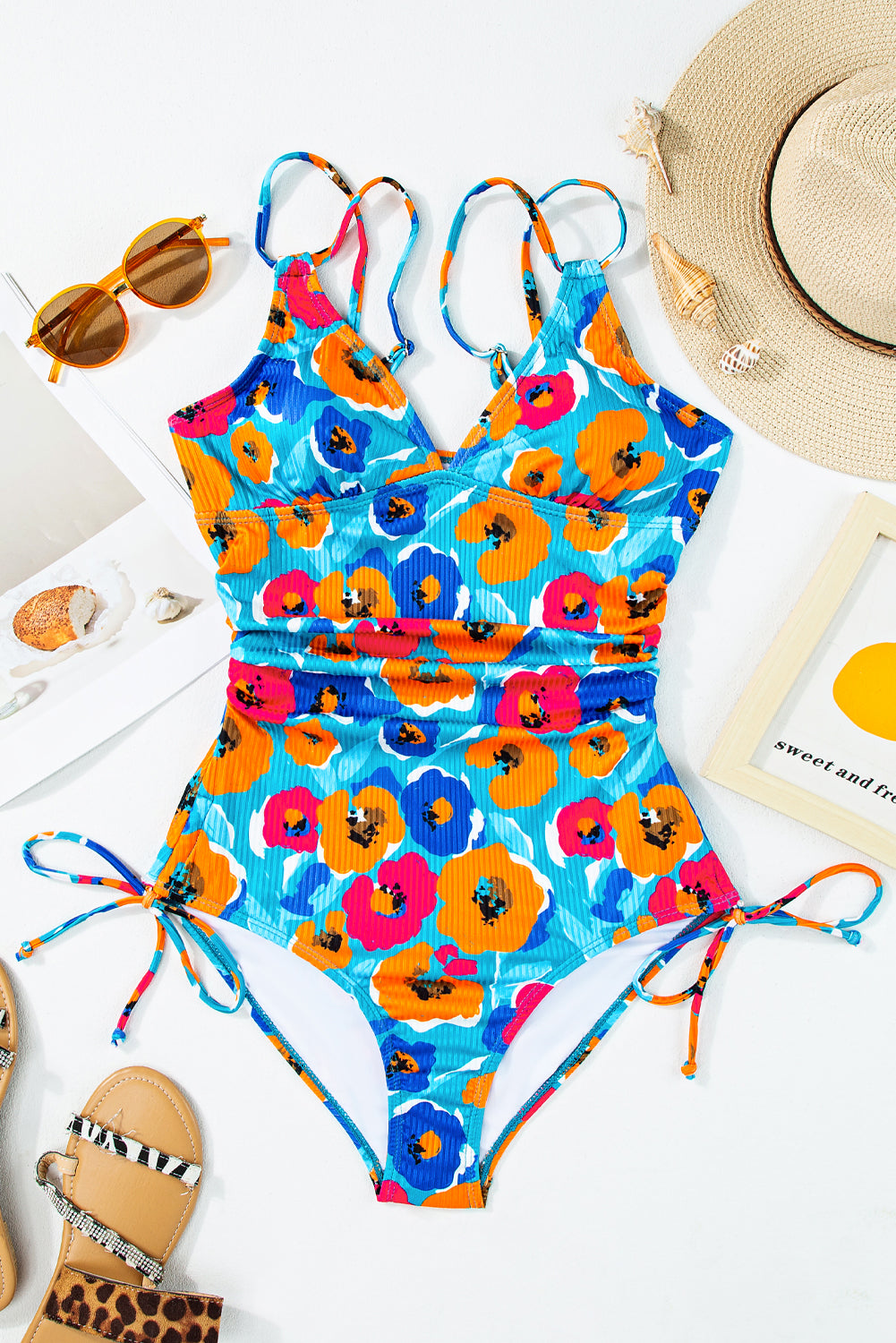 Sky Blue Adjustable Straps Ribbed Knit One Piece Swimsuit - Pikemla