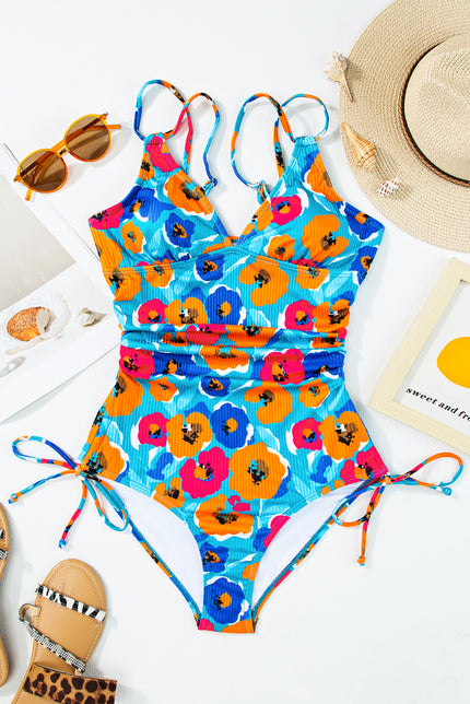 Sky Blue Adjustable Straps Ribbed Knit One Piece Swimsuit - Pikemla