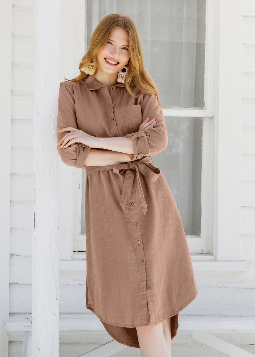 Sand Gauze Button Down Shirt Dress