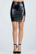 Open side slit PU leather mini skirt