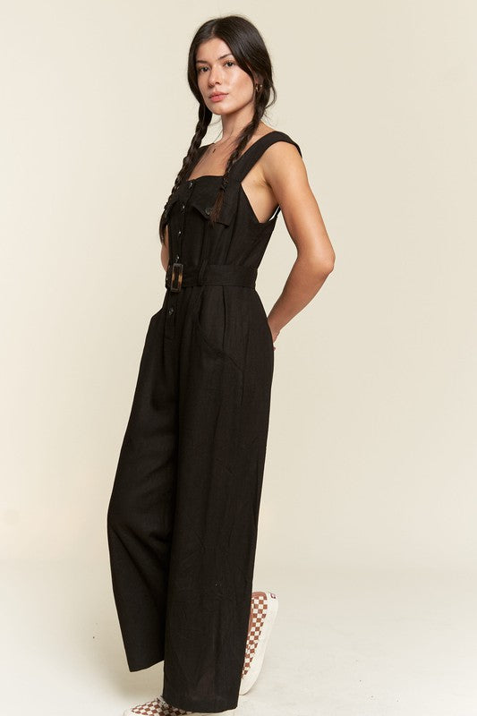 PLUS SLEEVELESS SQUARE NECK BUTTON ANKLE JUMPSUIT - Pikemla
