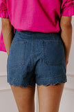 Dusk Blue Scalloped Hemline Acid Wash High Waist Denim Shorts - Pikemla
