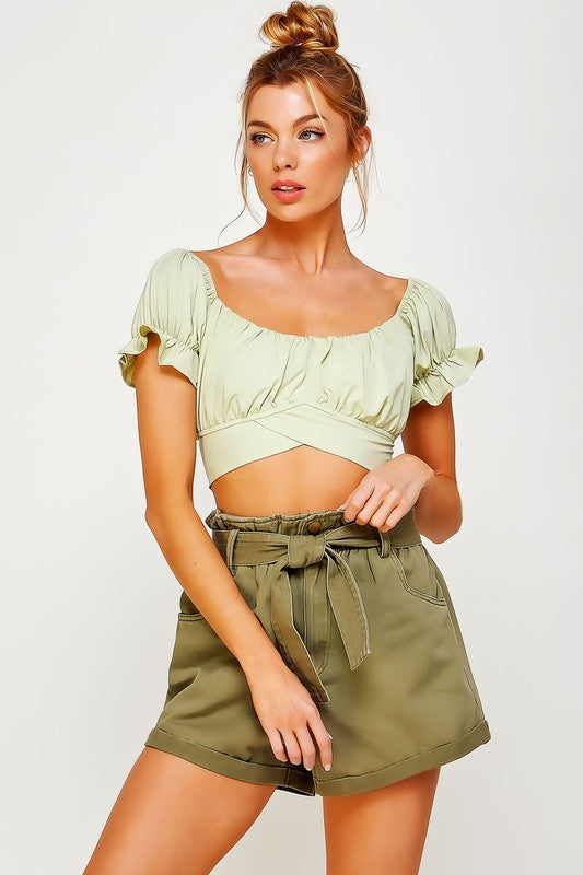 OFF SHOULDER PLEATED CROP TOP WITH BACK RIBBON TIE - Pikemla