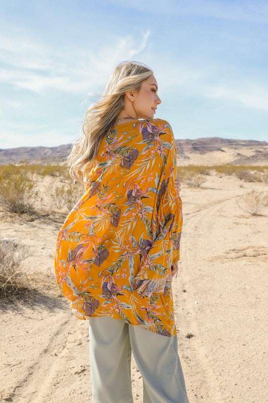 Tropical Leaves Draped Sleeve Kimono - Pikemla
