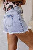 Beau Blue Pearl Studded Pockets Raw Hem Denim Shorts - Pikemla