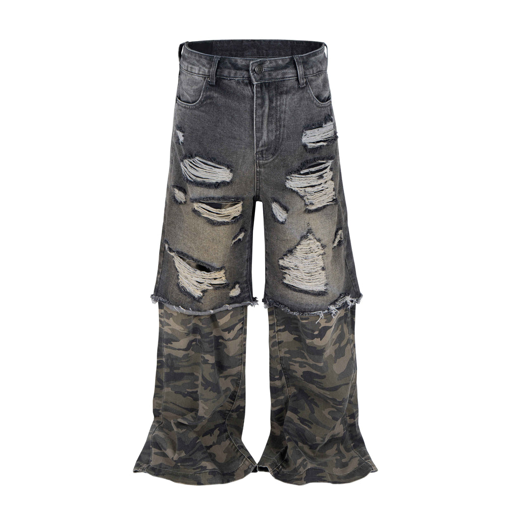 DISTRESSED SPLIT CAMO DENIM