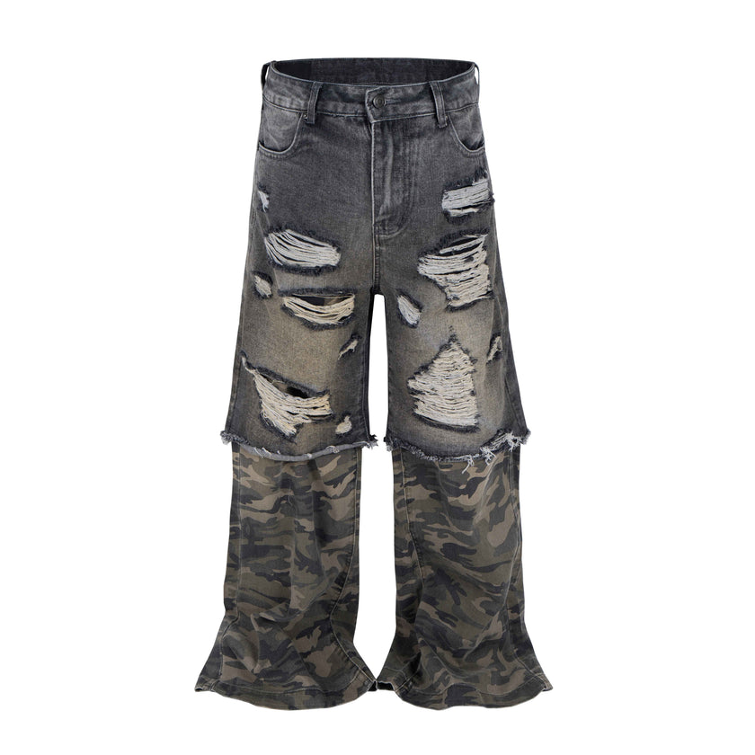 DISTRESSED SPLIT CAMO DENIM