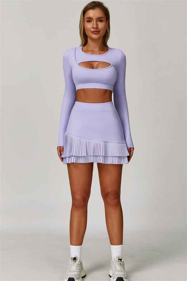 The Lavish Long Sleeve Cut-out Crop Top Tennis Skirt 2-Piece Set