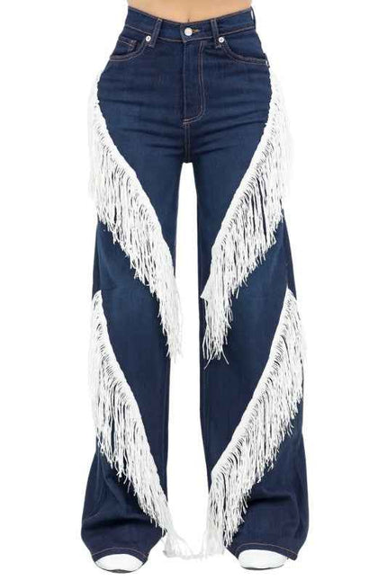 Western Fringe Wide Leg Jean- White Fringe