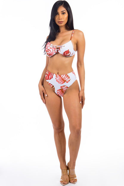 Two Piece Tropical Leaf Print Bikini Set - Pikemla