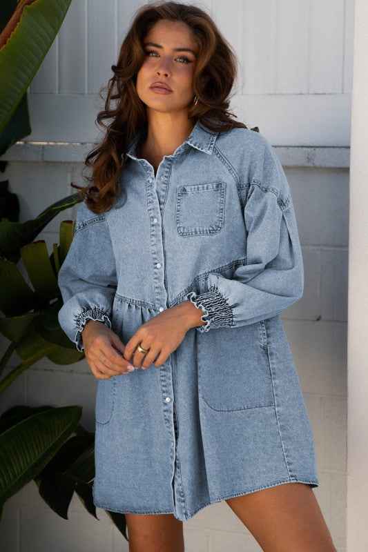 Denim Smocked Cuffs Shirt Mini Dress
