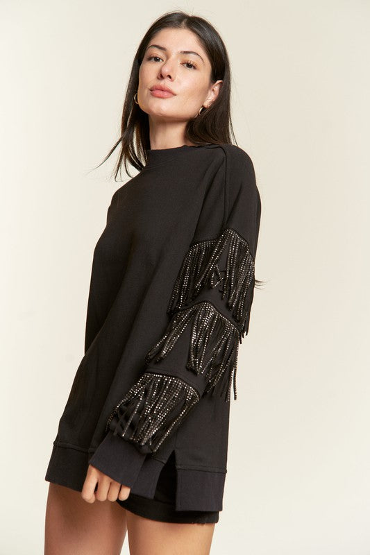 Plus Sized Rhinestone Fringe Sweatshirt - Pikemla