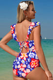 Blue Floral Ruffle Trim V Neck Lace-up Back Tummy Control One Piece Swimsuit - Pikemla