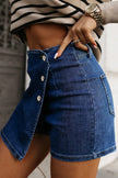 Bluing Asymmetric Wrapped Buttoned High Waist Denim Shorts - Pikemla