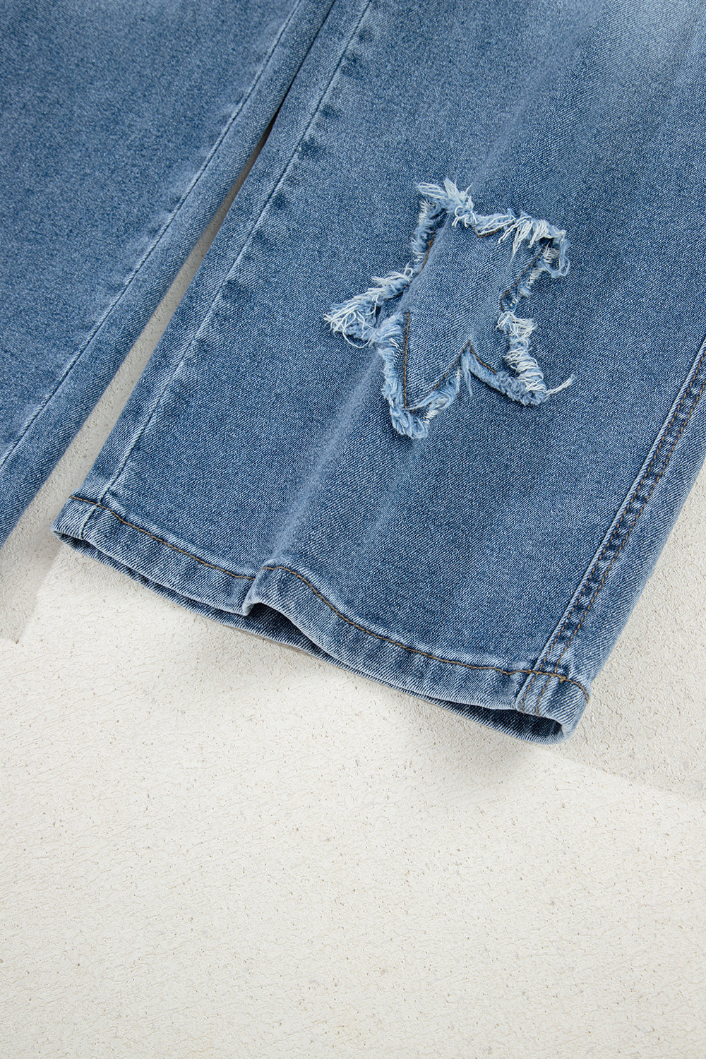 Stone Blue Star Patchwork Cropped Wide Leg High Waist Jeans - Pikemla