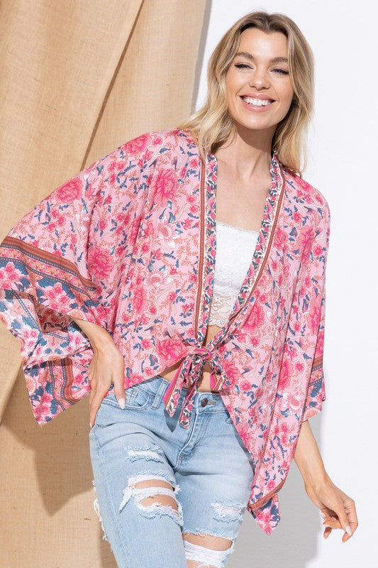 Lightly Woven Floral Kimono Cardigan - Pikemla