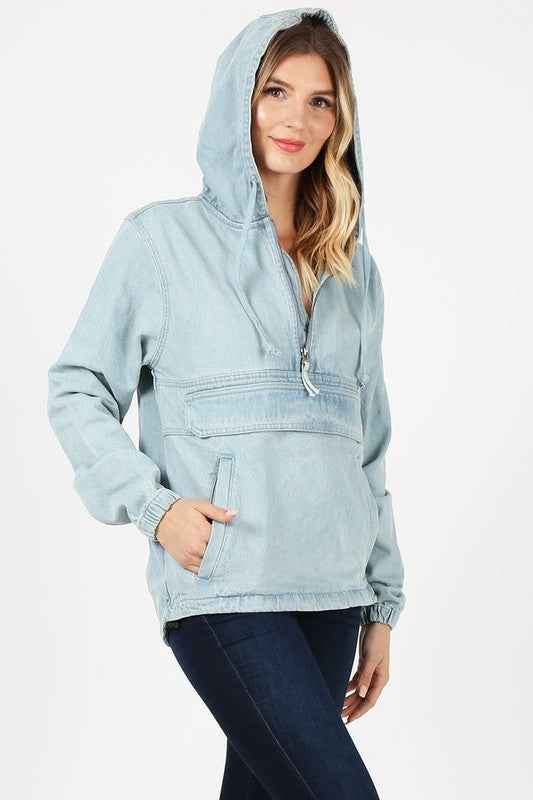 PLUS SIZE DENIM HOODIE HALF ZIPPER CLOSER