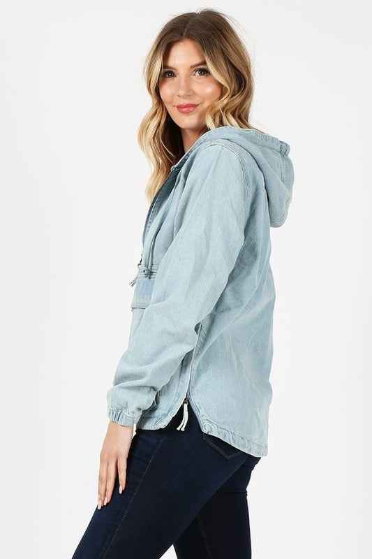 PLUS SIZE DENIM HOODIE HALF ZIPPER CLOSER