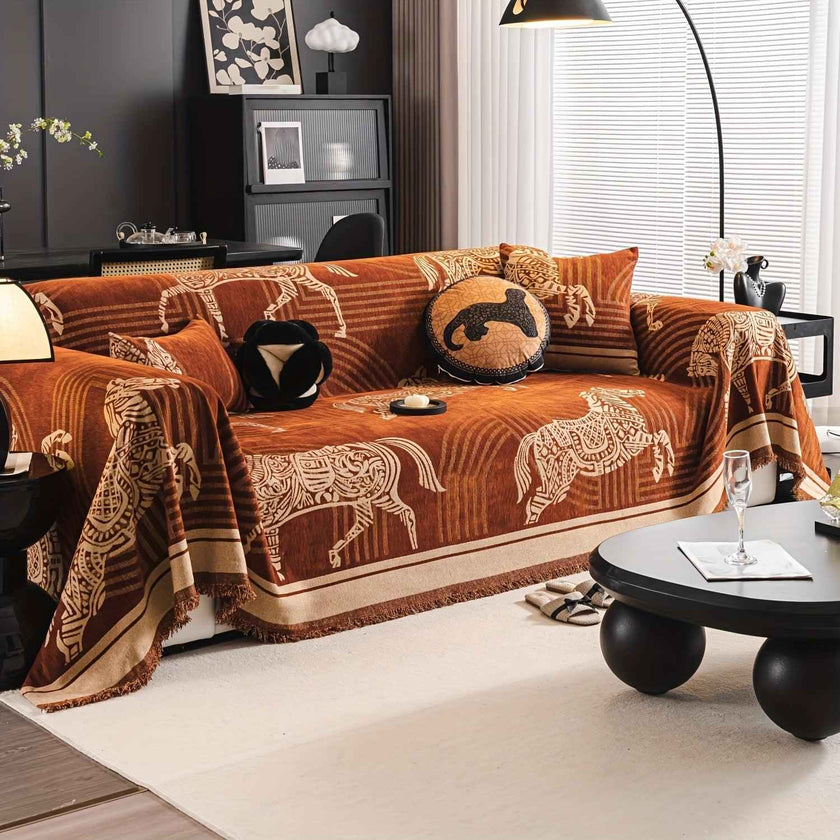 Luxurious Chenille Horse Design Sofa Cover Decor in Orange & Green