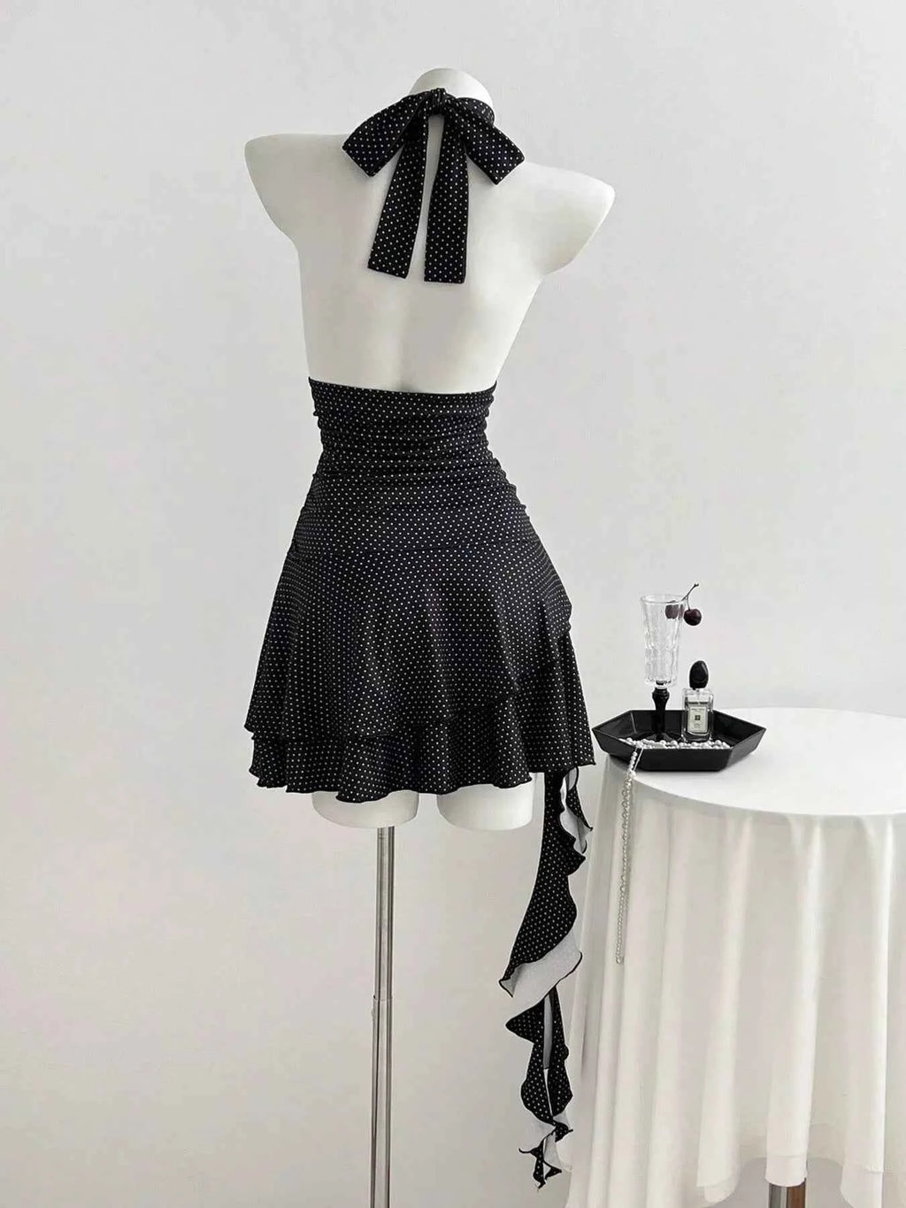 Polka Dot Cutout Front Halter Neck Dress